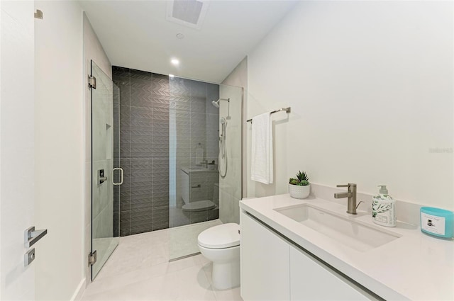 full bathroom with visible vents, toilet, a stall shower, vanity, and tile patterned floors