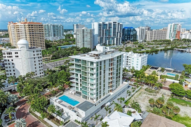 bird's eye view featuring a city view and a water view