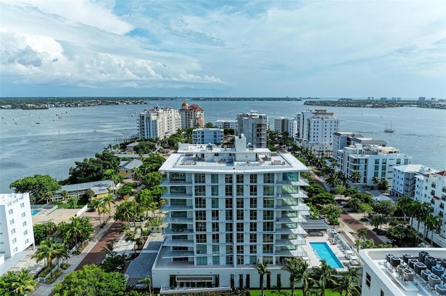 aerial view featuring a water view and a city view