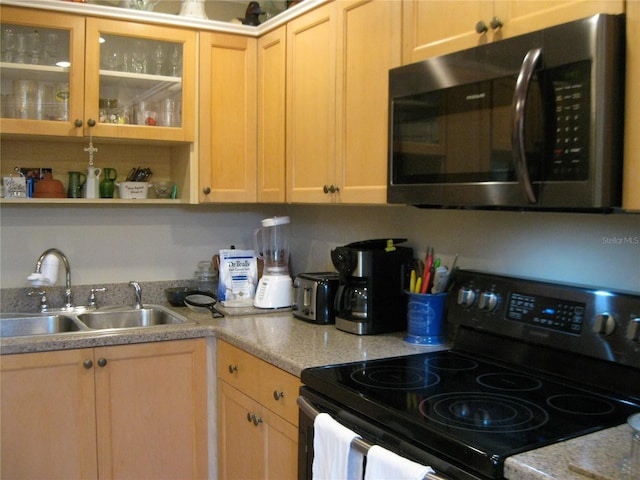 kitchen with light brown cabinetry, black range with electric cooktop, and sink