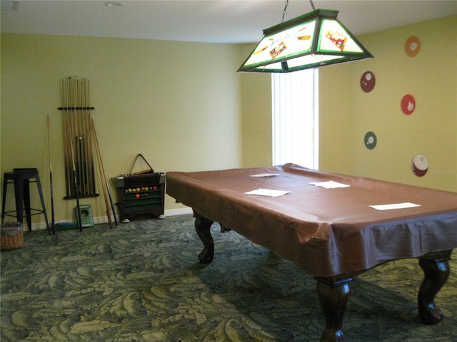 rec room featuring dark colored carpet and billiards