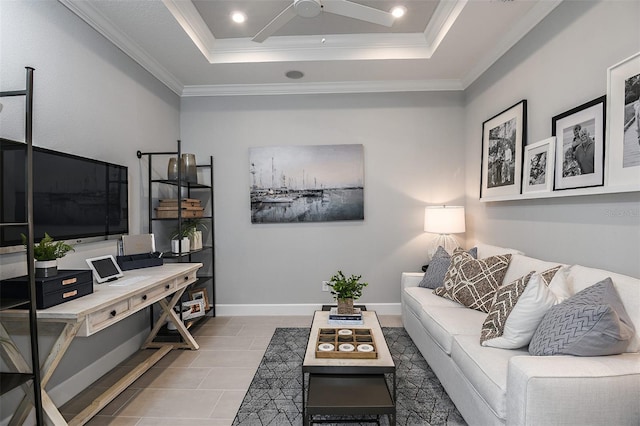 tiled living room featuring crown molding and ceiling fan