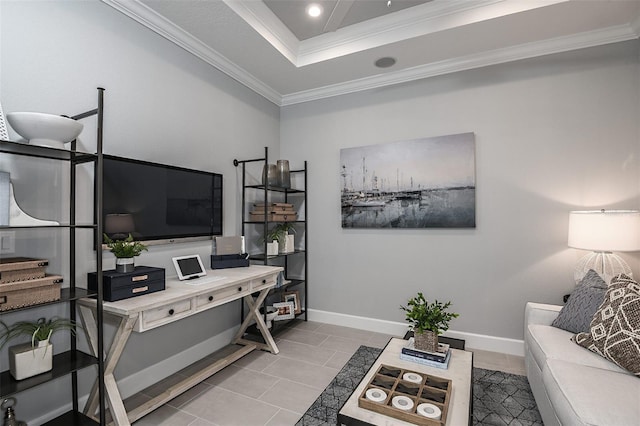 tiled living room with ornamental molding