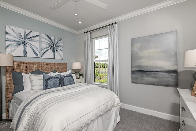 carpeted bedroom with ceiling fan and ornamental molding