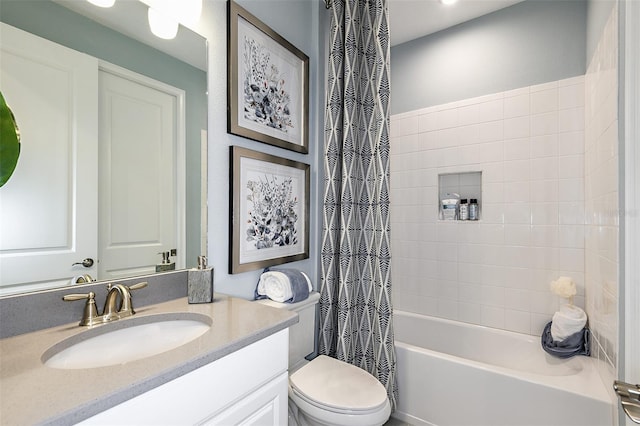 full bathroom with shower / bath combination with curtain, toilet, and vanity