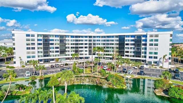 view of building exterior with a water view