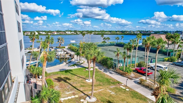 drone / aerial view featuring a water view