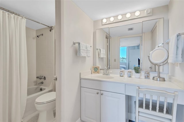 full bathroom with tile patterned flooring, vanity, shower / tub combo, and toilet