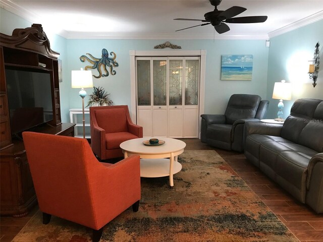 1446 56th St W Unit 1446, Bradenton, FL 34209 - living area with ceiling fan, ornamental molding, and wood finished floors