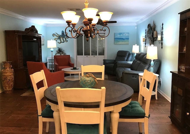 dining area featuring crown molding, dark hardwood / wood-style floors, and a notable chandelier