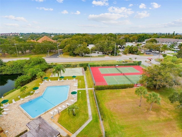 birds eye view of property featuring a water view