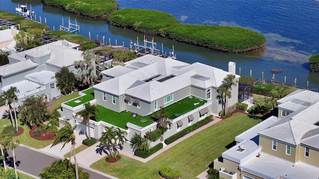 aerial view featuring a water view