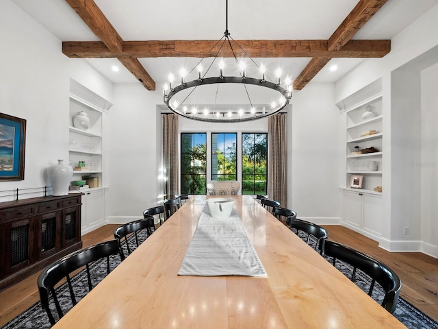 dining area featuring a chandelier, beam ceiling, hardwood / wood-style flooring, and built in features