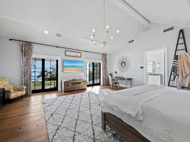 bedroom with access to outside, connected bathroom, french doors, and wood-type flooring