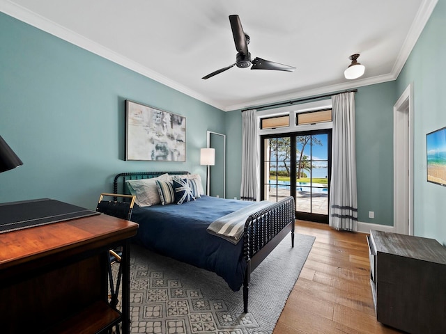 bedroom featuring ceiling fan, access to exterior, ornamental molding, and light hardwood / wood-style flooring