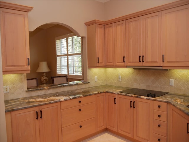 kitchen with backsplash, stone counters, and black electric stovetop