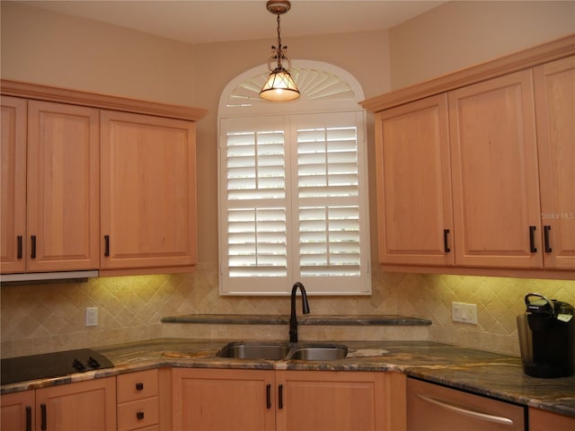 kitchen with sink, decorative light fixtures, black cooktop, dishwasher, and decorative backsplash