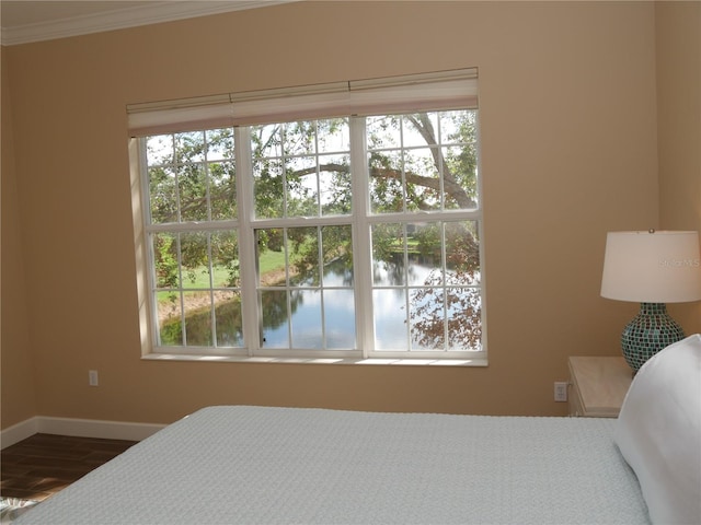 bedroom featuring a water view, multiple windows, and ornamental molding