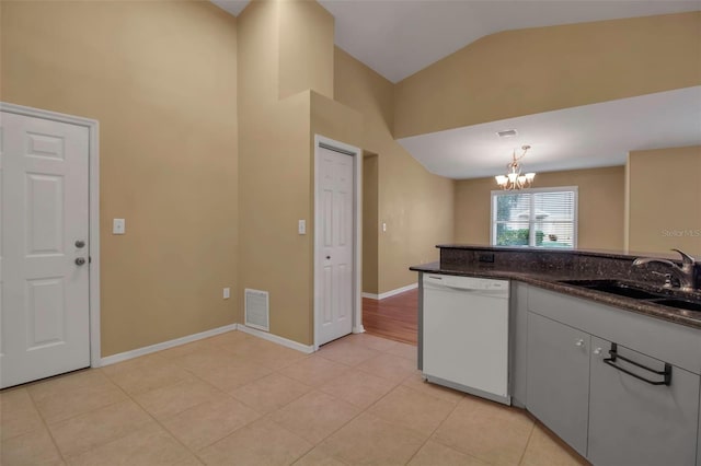 kitchen featuring sink, dishwasher, hanging light fixtures, a notable chandelier, and dark stone counters