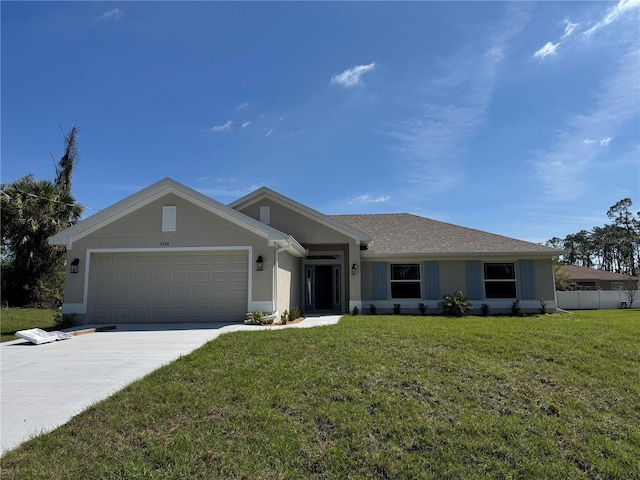 ranch-style home with concrete driveway, an attached garage, a front lawn, and stucco siding