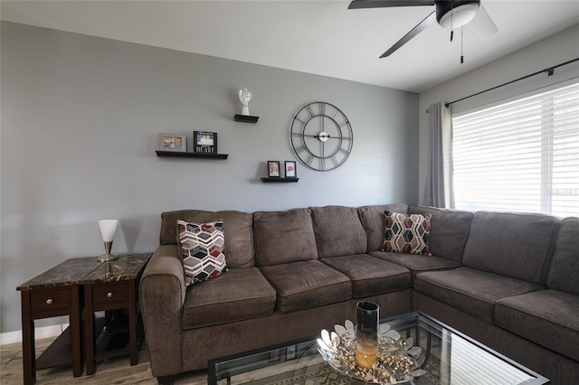 living room with ceiling fan and wood-type flooring