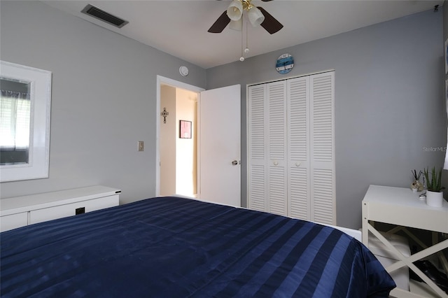bedroom featuring ceiling fan and a closet
