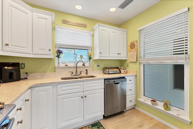 kitchen with light stone countertops, sink, white cabinetry, and dishwasher