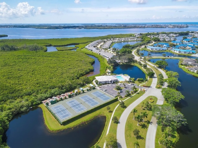 aerial view featuring a water view