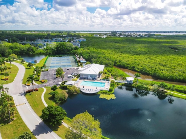 bird's eye view with a water view