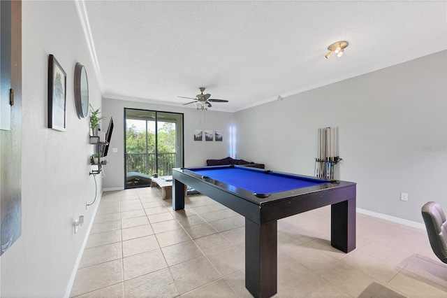 playroom featuring billiards, light tile patterned flooring, ceiling fan, and crown molding