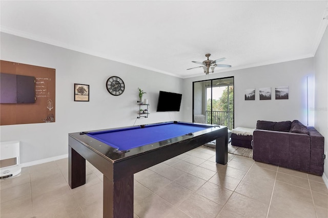 game room with light tile patterned flooring, ceiling fan, billiards, and crown molding