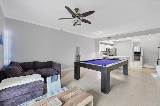 recreation room with billiards, ceiling fan, light tile patterned flooring, and crown molding