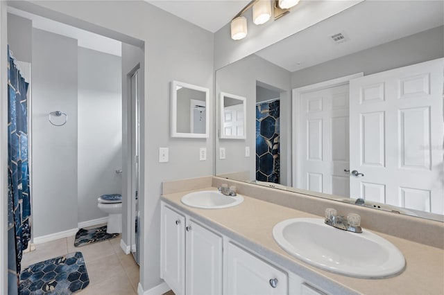 bathroom featuring toilet, vanity, and tile patterned floors