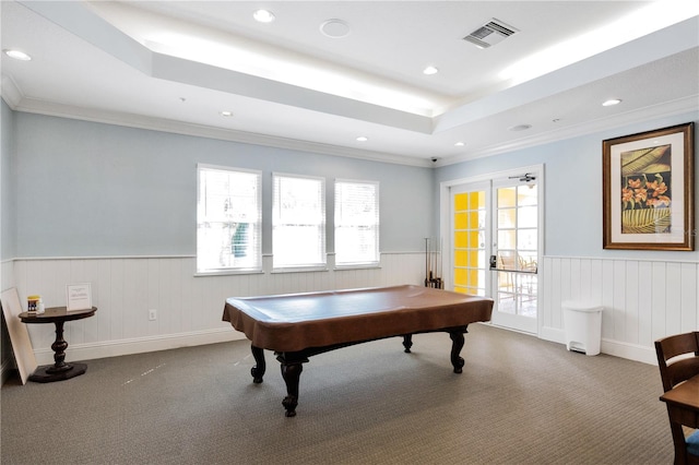 recreation room featuring pool table, carpet, a raised ceiling, crown molding, and french doors