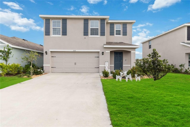 front facade with a garage and a front lawn