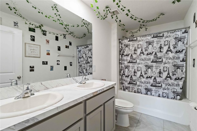 full bathroom with vanity, tile patterned flooring, shower / bathtub combination with curtain, and toilet