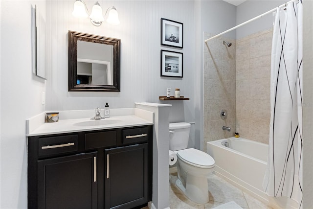 full bathroom featuring toilet, tile patterned floors, shower / bath combo, and vanity