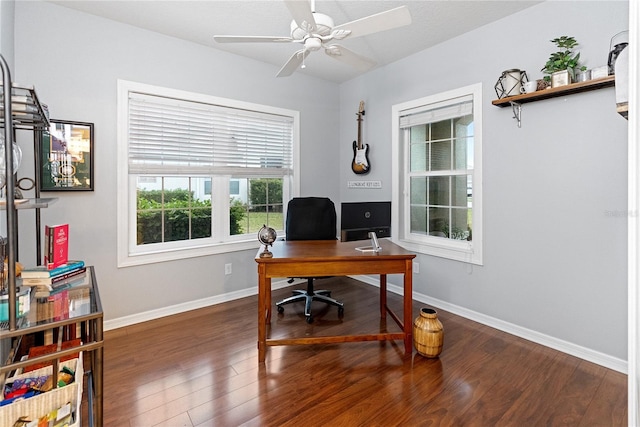 home office featuring ceiling fan and dark wood-type flooring