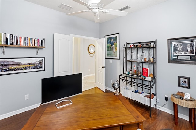 home office with ceiling fan and wood-type flooring