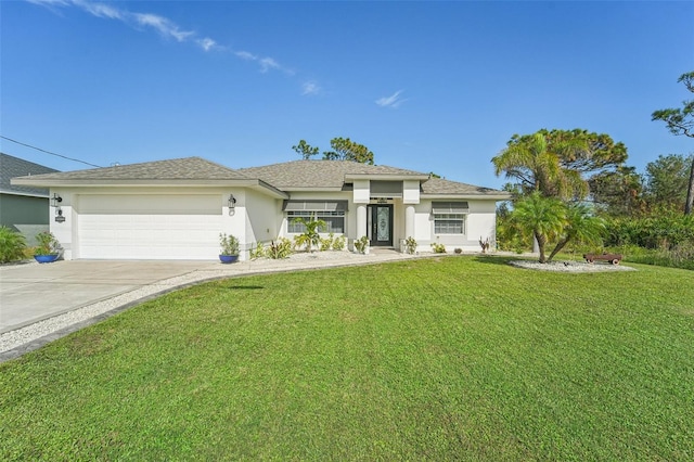 view of front of house with a garage and a front lawn