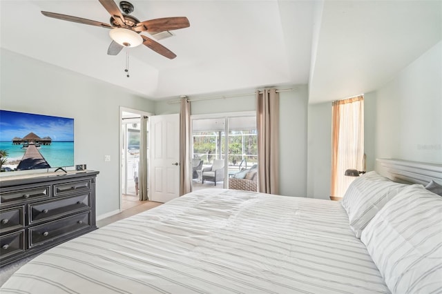 bedroom featuring access to exterior and ceiling fan