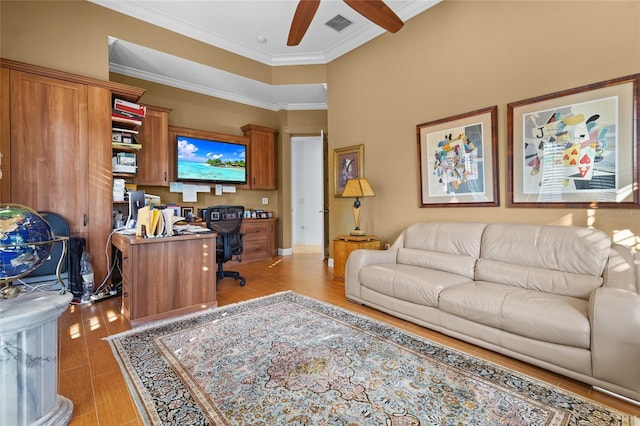 office area featuring ornamental molding, ceiling fan, and light hardwood / wood-style flooring