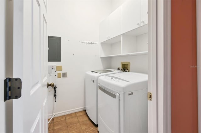 laundry room with cabinets, washing machine and clothes dryer, and electric panel