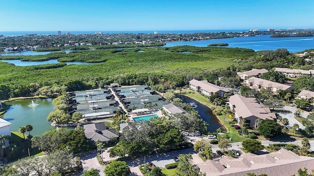 drone / aerial view featuring a water view