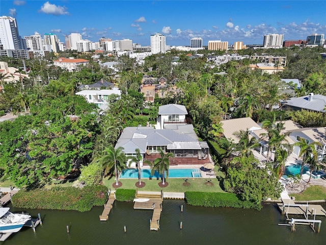 aerial view featuring a water view