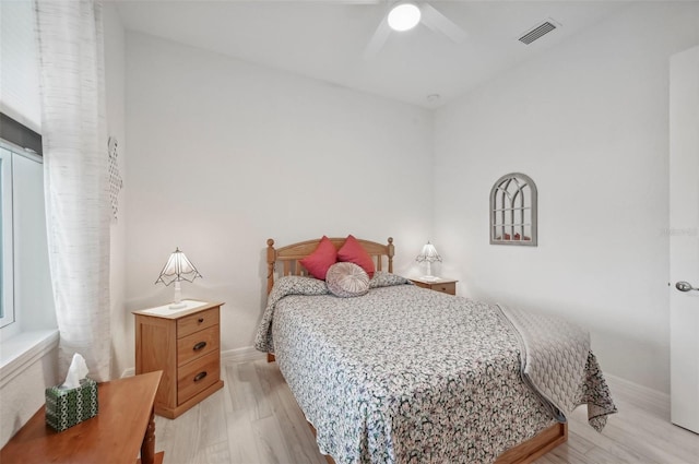 bedroom featuring ceiling fan and light wood-type flooring