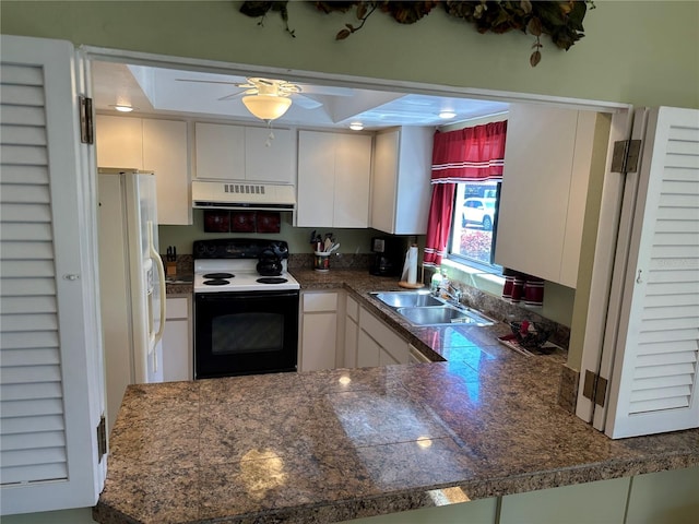 kitchen with white appliances, exhaust hood, sink, kitchen peninsula, and white cabinetry