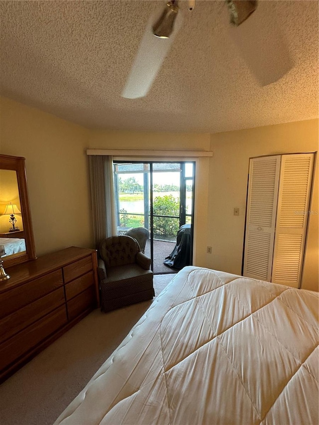 bedroom featuring carpet, access to exterior, a textured ceiling, and a closet