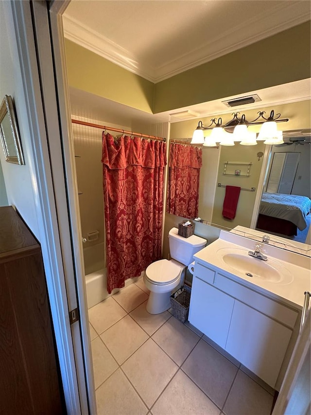 full bathroom with vanity, tile patterned floors, shower / bath combination with curtain, toilet, and ornamental molding