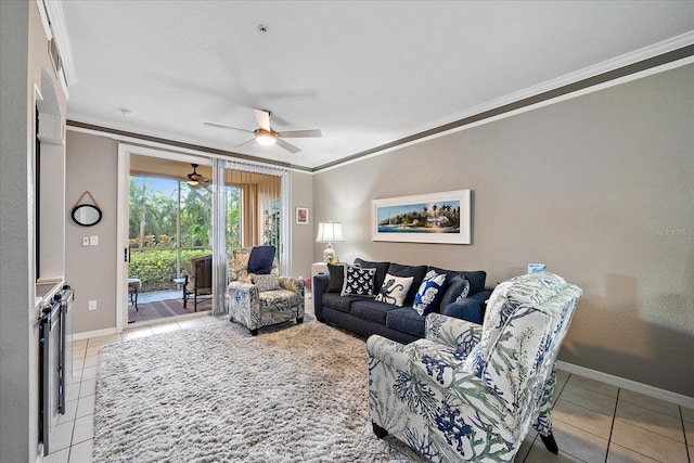 tiled living room featuring ceiling fan and ornamental molding